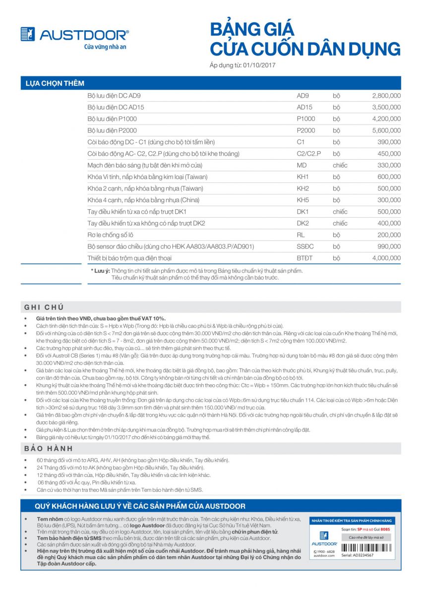 bảng giá cửa cuốn austdoor 2018