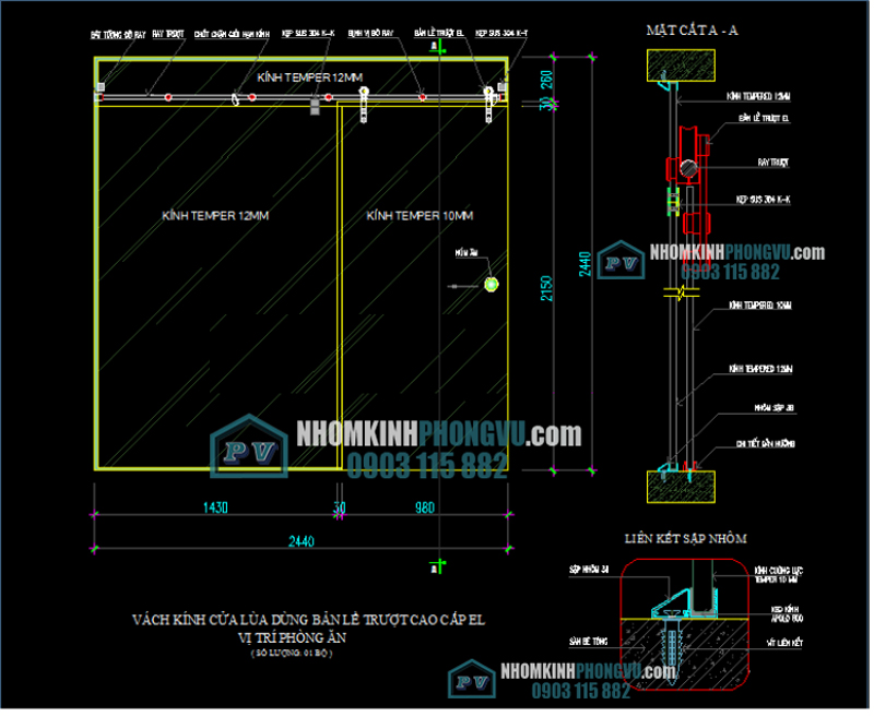 bản vẽ cửa kính cường lực lùa ray treo