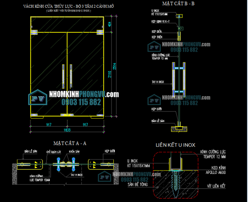 bản vẽ cửa kính cường lực cửa kính thủy lực bản lề sàn