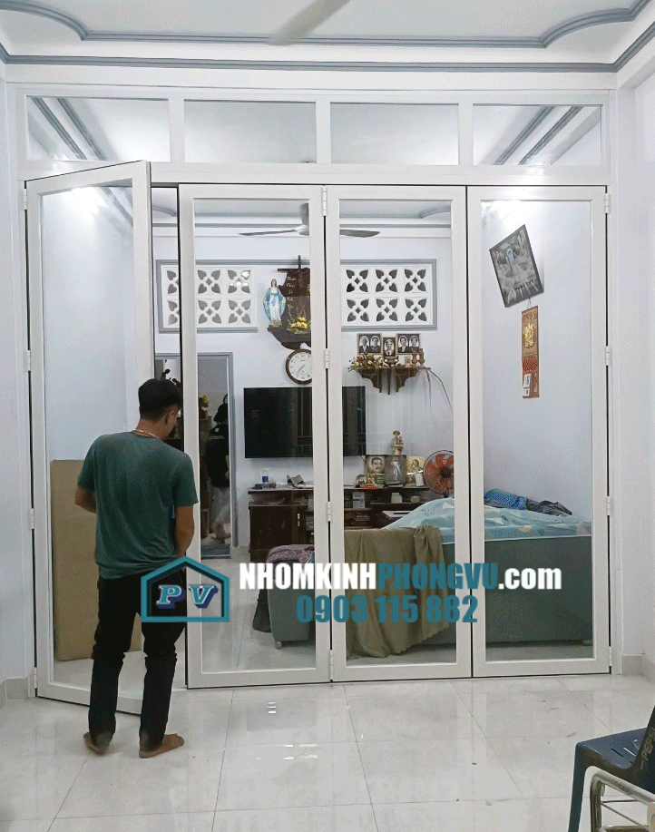 Thi công lắp đặt cửa nhôm kính xếp trượt 4 cánh màu trắng sứ tại đường số 7, phường Bình Hưng Hòa, Quận Bình Tân, TPHCM