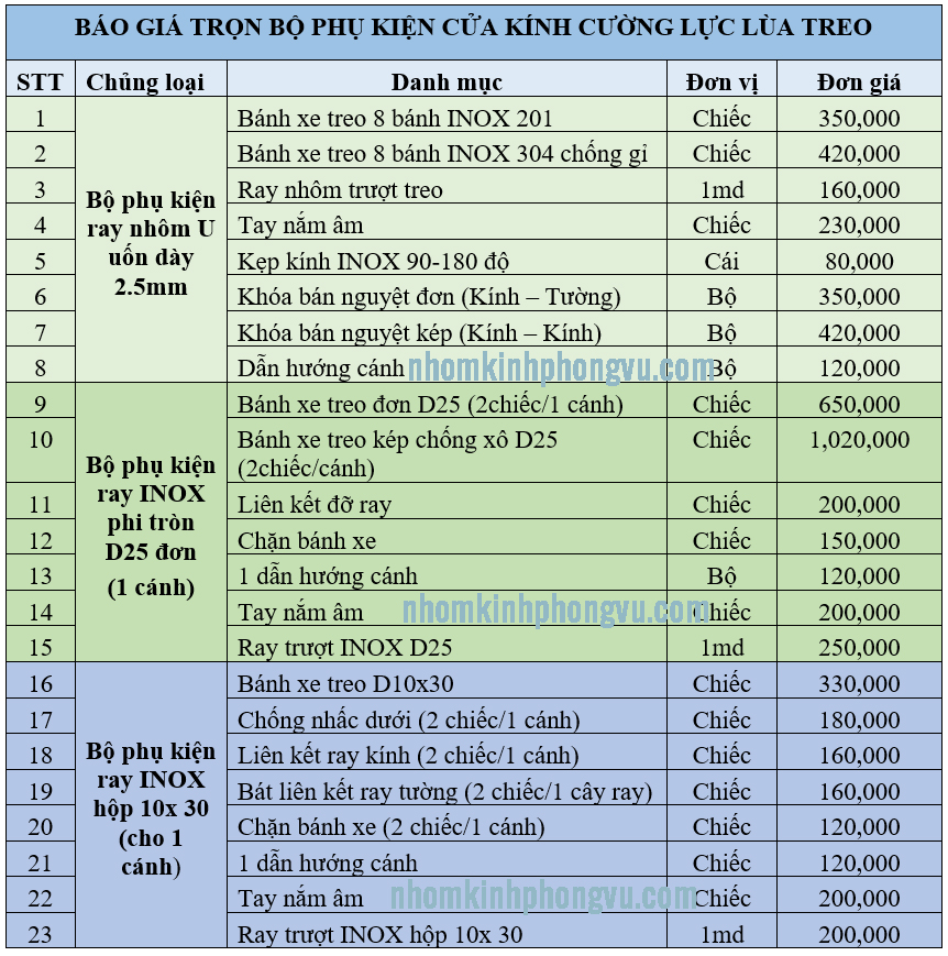 báo giá phụ kiện cửa lùa treo kính cường lực