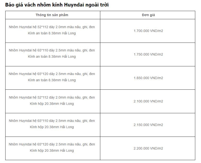 báo giá vách nhôm kính ngoài trời huyndai